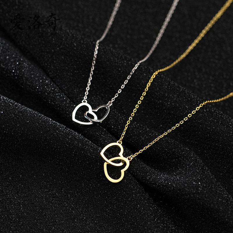 Double Heart Interlocking Titanium Steel Necklace Jewelry Pi-Mart