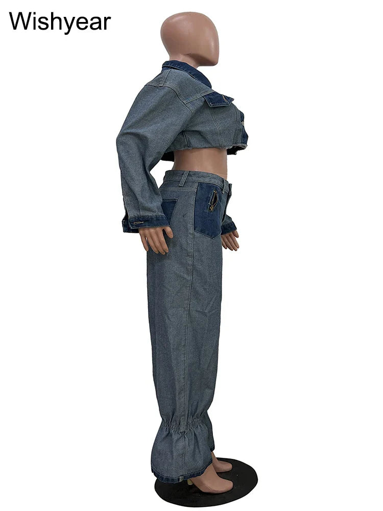 Streetwear Blue Patchwork Denim Two 2 Piece Pants Set Women Sales Long Sleeve Crop Tops and Flare Jeans Loose Matching Outfits Purplish Diva