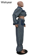 Streetwear Blue Patchwork Denim Two 2 Piece Pants Set Women Sales Long Sleeve Crop Tops and Flare Jeans Loose Matching Outfits Purplish Diva