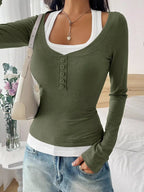 Contrast Long Sleeve Fake Two-Piece T-Shirt THRIXINE