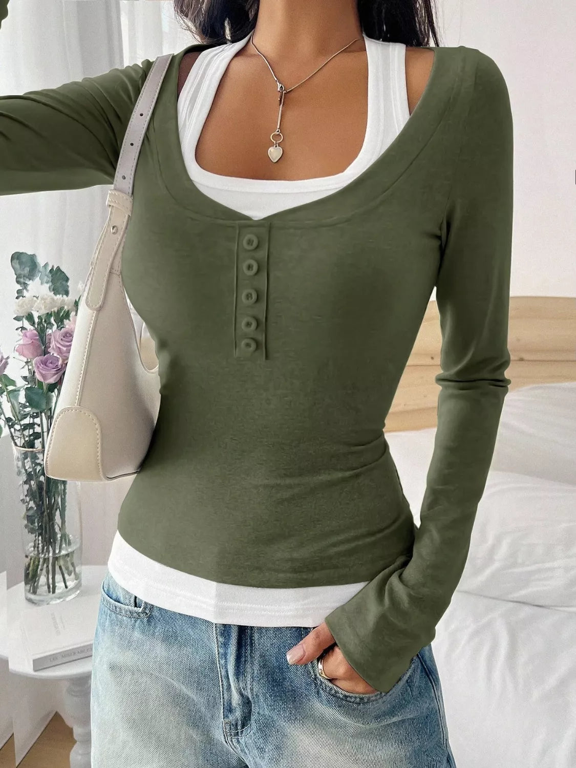Contrast Long Sleeve Fake Two-Piece T-Shirt THRIXINE