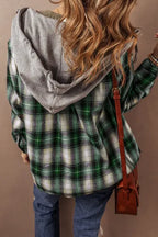 Dark Green Drawstring Pocketed Plaid Hooded Jacket Cozy & Trendy Checkered Outerwear For All Seasons Stevvex