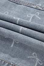 Sky Blue Bow Print Light Wash Raw Hem Denim Jacket