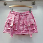 Retro Pink Large Pocket Denim Suit Spring Summer Sleeveless Short Vest High Waist Hip Wrapped Skirt 2 Pieces Sets Women Outfits Purplish Diva