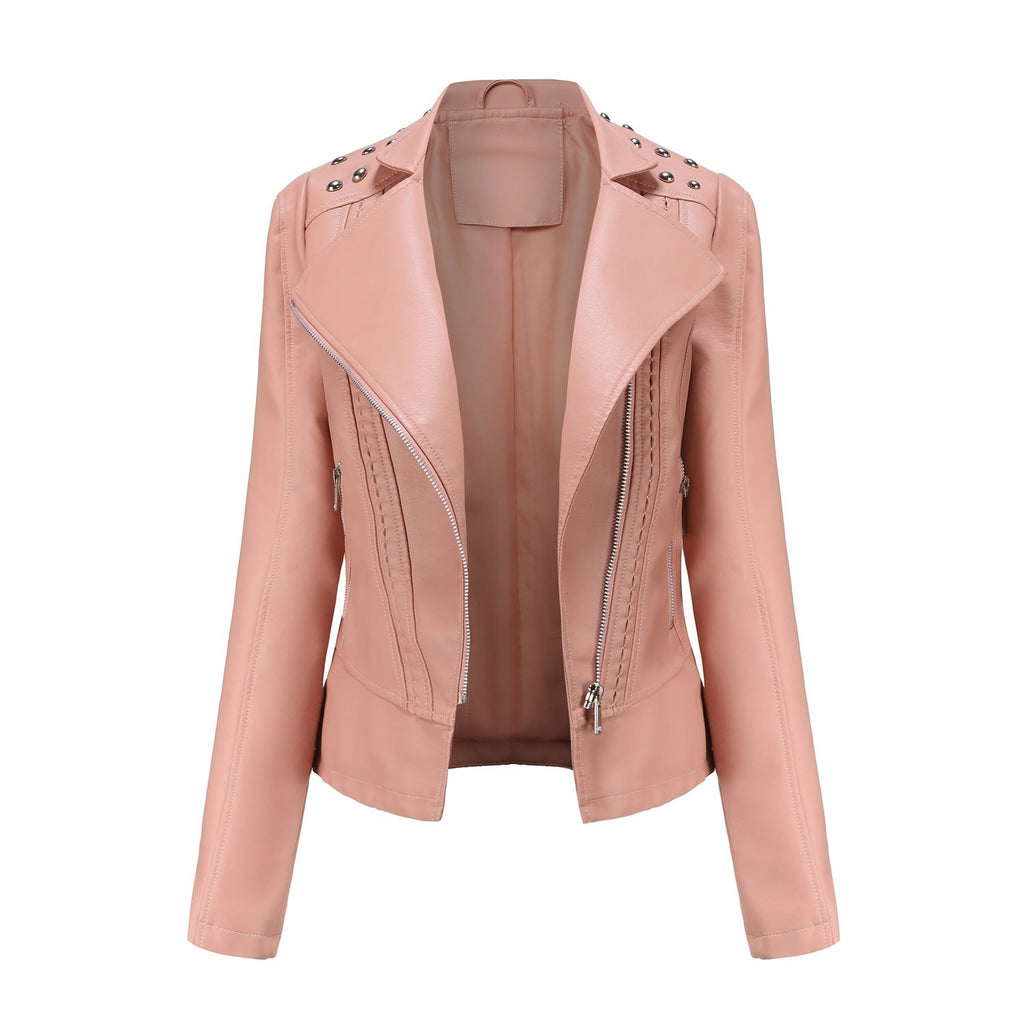 Beaded Leather Women's Long-sleeved Fashion Jacket Lapel Motorcycle Clothing Thin Women's Jacket Pi-Mart