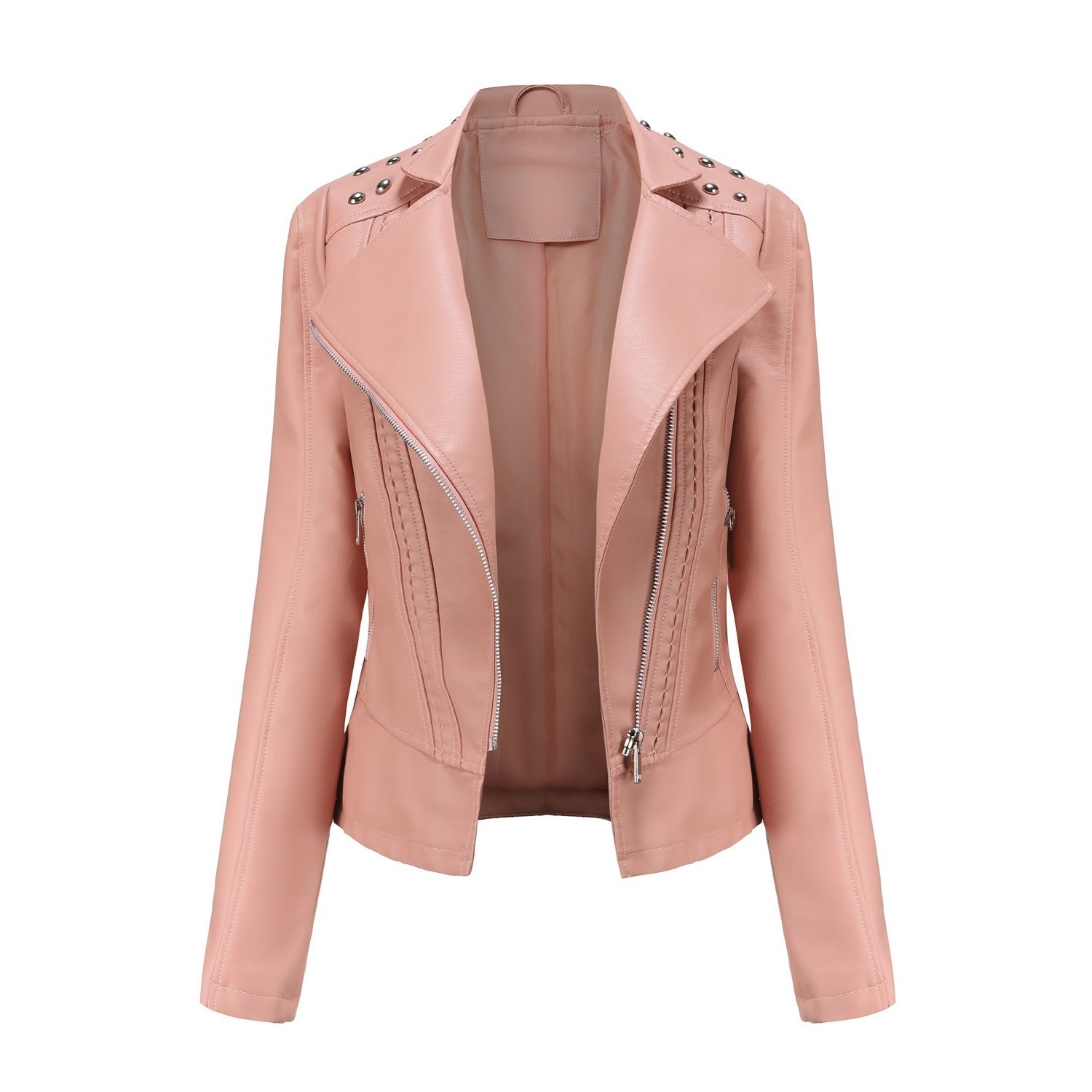 Beaded Leather Women's Long-sleeved Fashion Jacket Lapel Motorcycle Clothing Thin Women's Jacket Pi-Mart