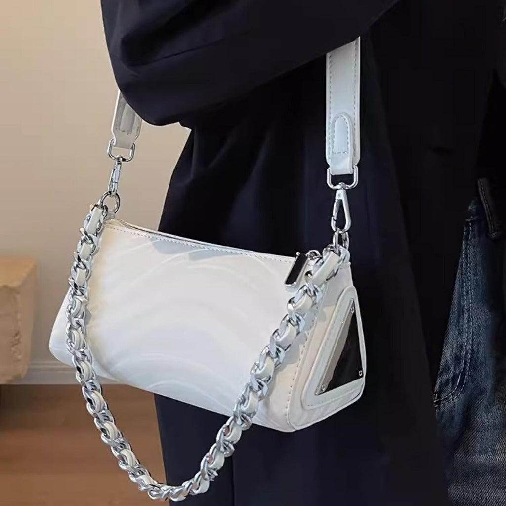Women's versatile design crossbody bag, chain silver shoulder bag, small metallic purse crossbody