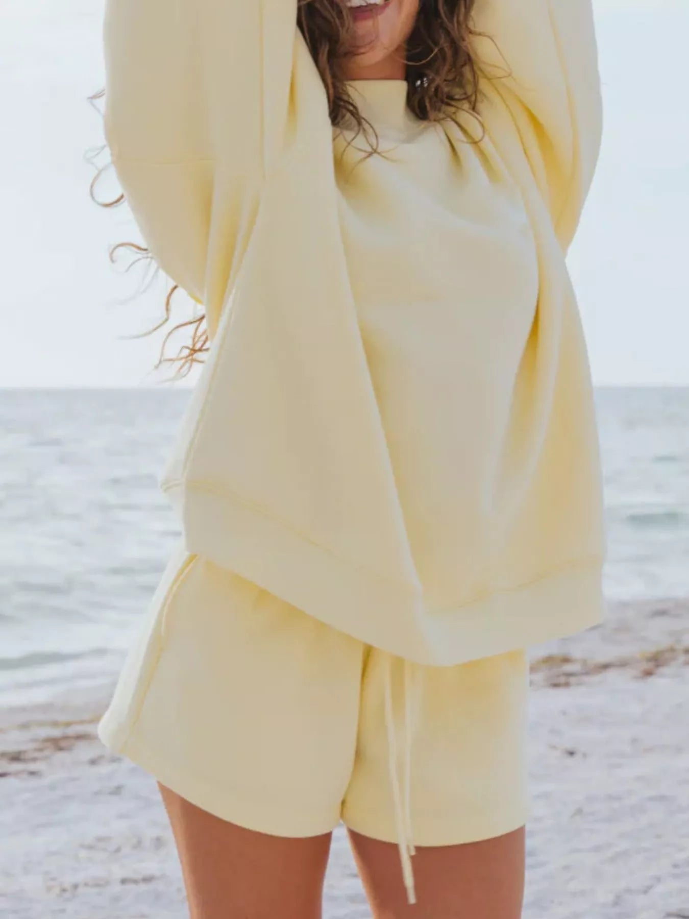 Relaxed Fit Round Neck Sweatshirt and Shorts Set THRIXINE