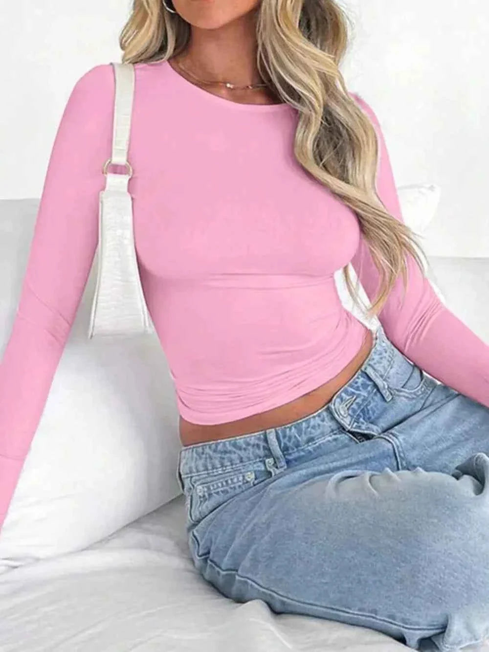 Solid Color Round Neck Long Sleeve T-Shirt THRIXINE
