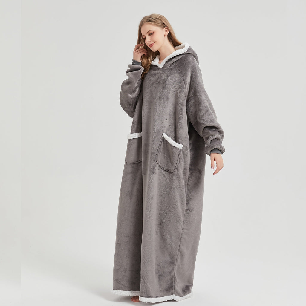 1pc Simple Solid Color Fleece Lazy Person Hooded Blanket Can Be Worn