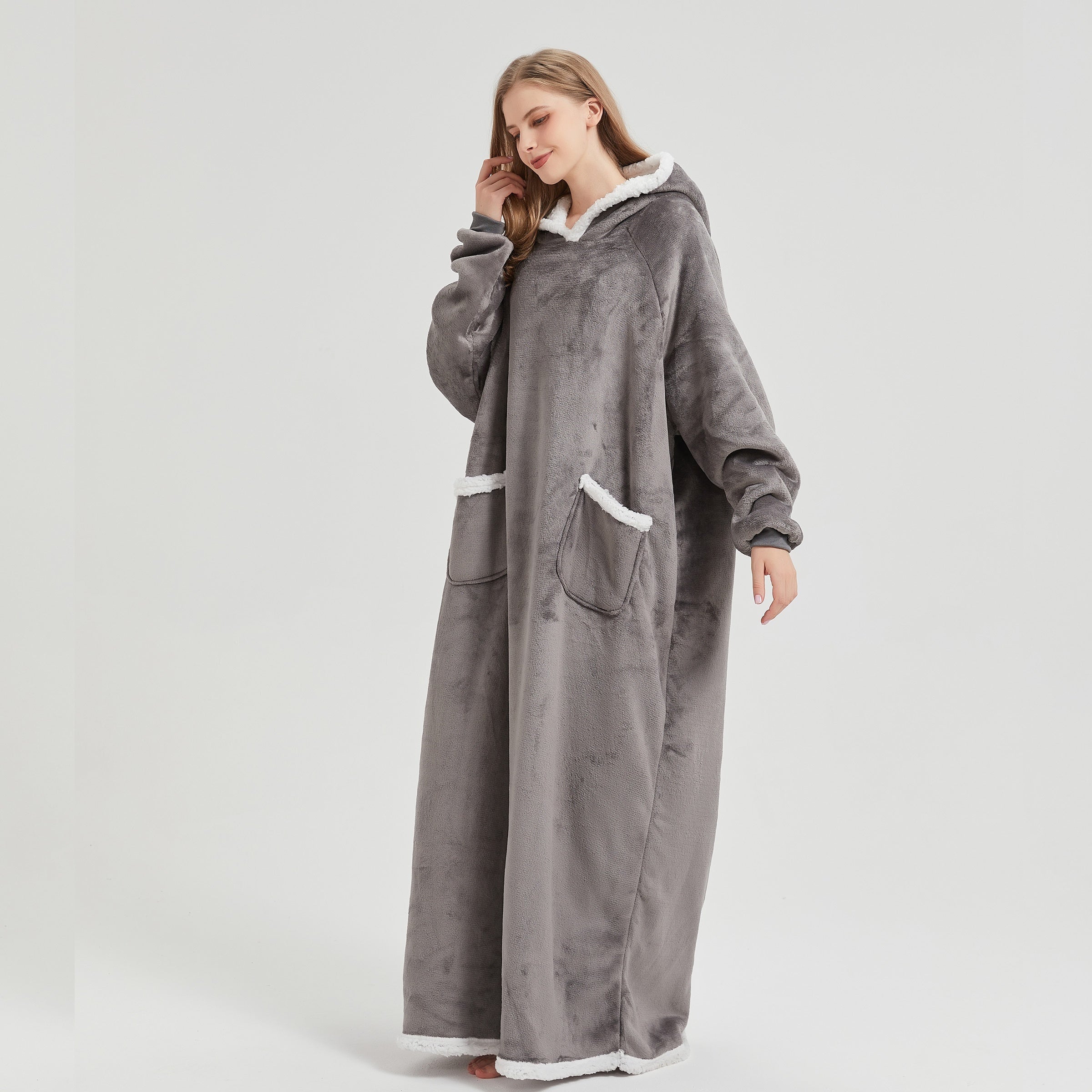 1pc Simple Solid Color Fleece Lazy Person Hooded Blanket Can Be Worn