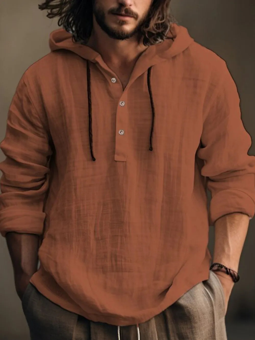 Men's Full Size Half Button Long Sleeve Hoodie THRIXINE