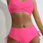 Bikini Twist Front V Neck High Waist 2 Piece Bikini Set for Women – Stretchy Tie Back Swimsuit with Drawstring Lace Up and Comfortable Fit – Trendy Solid Color Swimwear for Beach Days Pool Parties and Summer Vacations