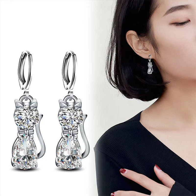 Cute Kitty Zircon Pendant Alloy Plated Silver Accessories Necklace Pi-Mart