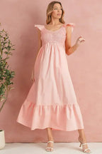 Black V Neck Flutter Sleeve Smocked Bodice High Waist Ruffle Maxi Dress