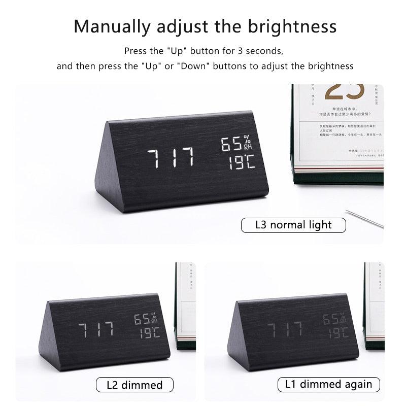 Digital Clock LED Wooden Alarm Clock Digital Alarm Clock with Wooden Electronic LED Time Display 3 Alarm Settings Humidity & Temperature Detect Wood Made Electric Clocks Table Sound Control Electronic Clocks Desktop USB/AAA Powered Home Table Decor Stevvex