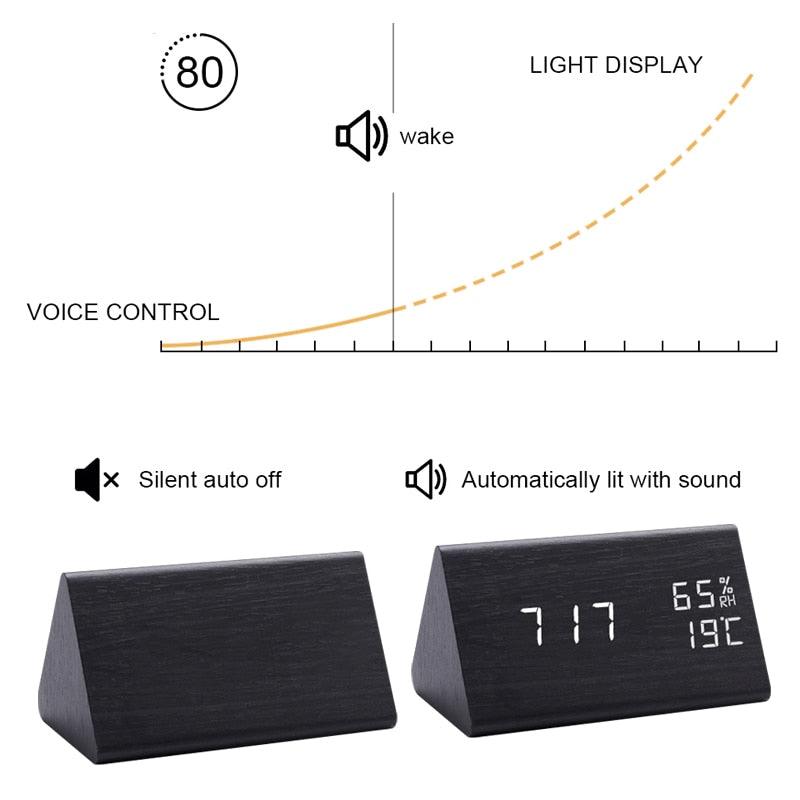 Digital Clock LED Wooden Alarm Clock Digital Alarm Clock with Wooden Electronic LED Time Display 3 Alarm Settings Humidity & Temperature Detect Wood Made Electric Clocks Table Sound Control Electronic Clocks Desktop USB/AAA Powered Home Table Decor Stevvex