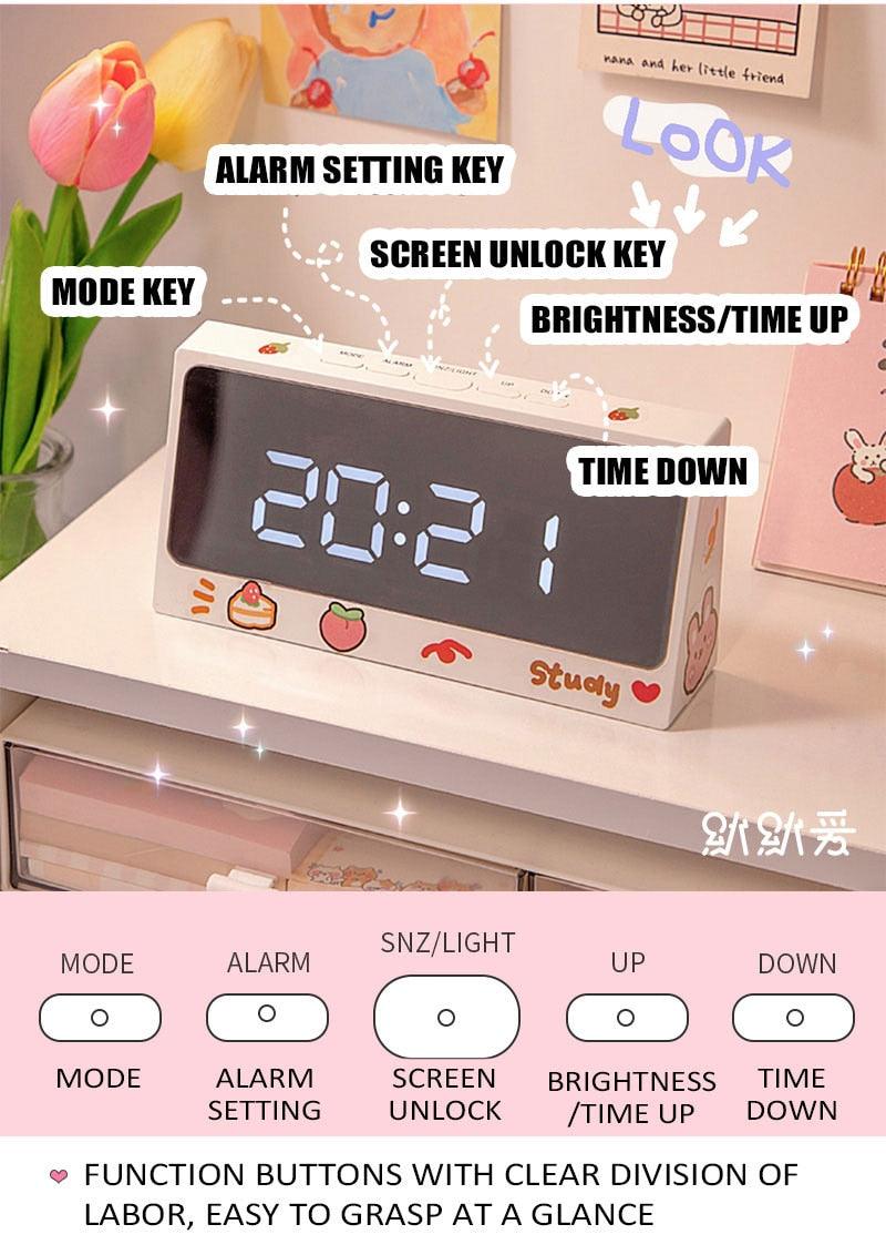 Digital Clock Table Clock Snooze Alarm Cute Silent Mirror Clock Student Desktop Mirror Surface LED Alarm Clock with USB Charger 12/24H Easy Snooze Function Adjustable Brightness Alarm Clocks for Bedroom LED Clock Electronic Clock for Children Stevvex