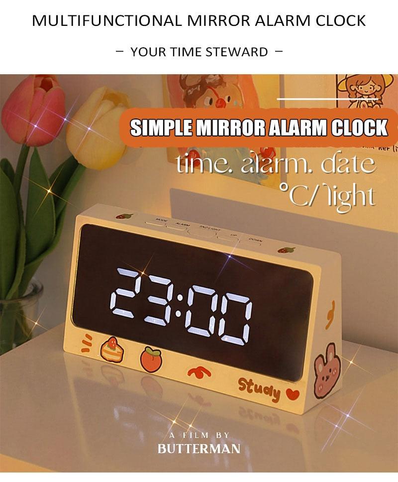 Digital Clock Table Clock Snooze Alarm Cute Silent Mirror Clock Student Desktop Mirror Surface LED Alarm Clock with USB Charger 12/24H Easy Snooze Function Adjustable Brightness Alarm Clocks for Bedroom LED Clock Electronic Clock for Children Stevvex