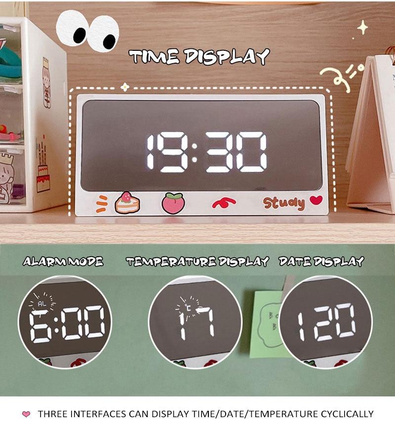 Digital Clock Table Clock Snooze Alarm Cute Silent Mirror Clock Student Desktop Mirror Surface LED Alarm Clock with USB Charger 12/24H Easy Snooze Function Adjustable Brightness Alarm Clocks for Bedroom LED Clock Electronic Clock for Children Stevvex