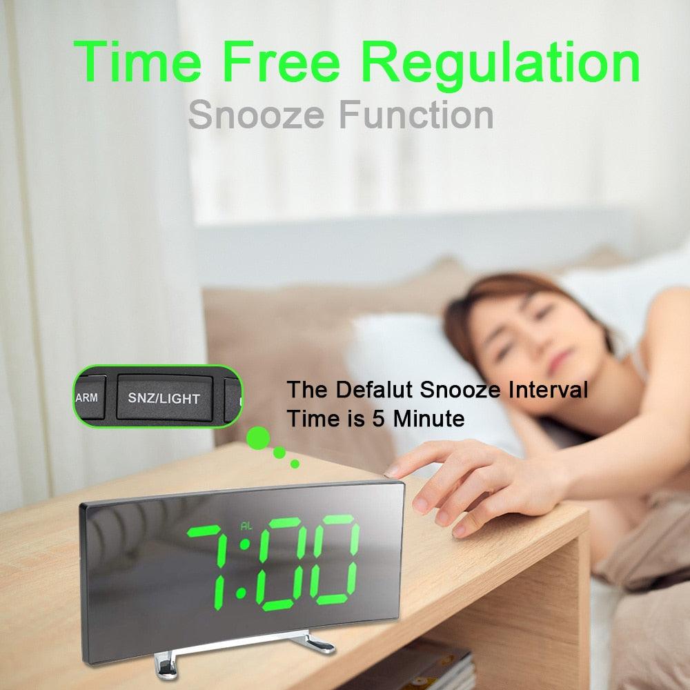 Digital Table Clock Digital Alarm Clock LED Bedside Clock Dual Alarm Adjustable Volume Alarm Clock for Bedroom  Electronic 7 Inch Number Desktop Alarm Clocks For Kids Bedroom LED Screen Curved Dimmable Mirror Stevvex