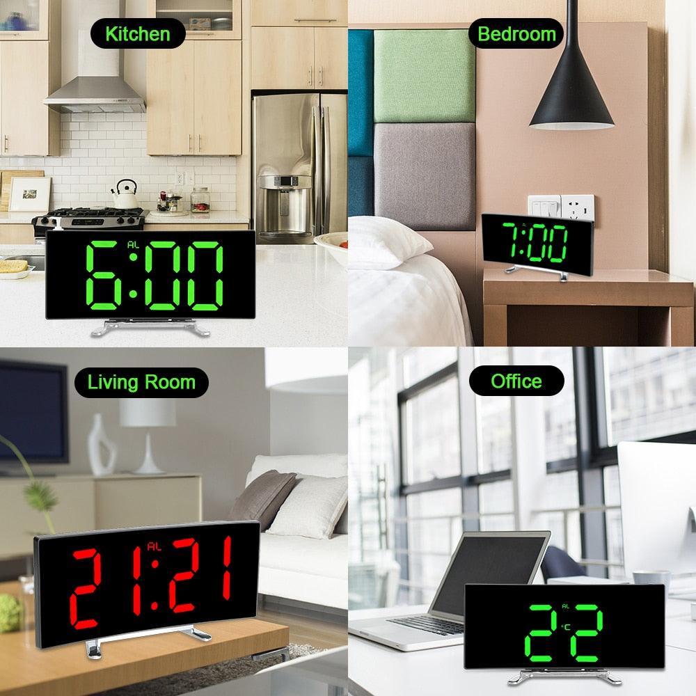 Digital Table Clock Digital Alarm Clock LED Bedside Clock Dual Alarm Adjustable Volume Alarm Clock for Bedroom  Electronic 7 Inch Number Desktop Alarm Clocks For Kids Bedroom LED Screen Curved Dimmable Mirror Stevvex