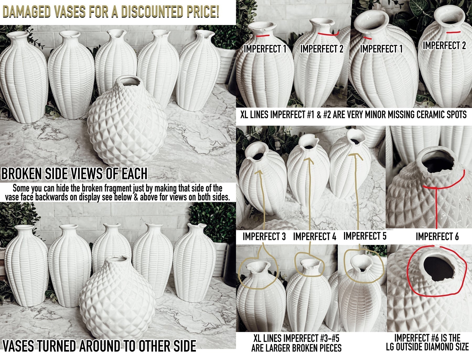 Imperfect Whitney Vases Slightly Damaged Discounted Ceramic Tabletop Vases BandsCo Straps