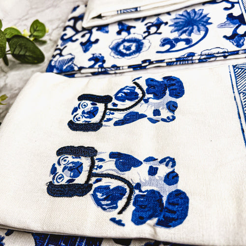 Chinoiserie Tea Towels 100% Cotton Oversized Embroidered Dish Towels Tassels BandsCo Straps