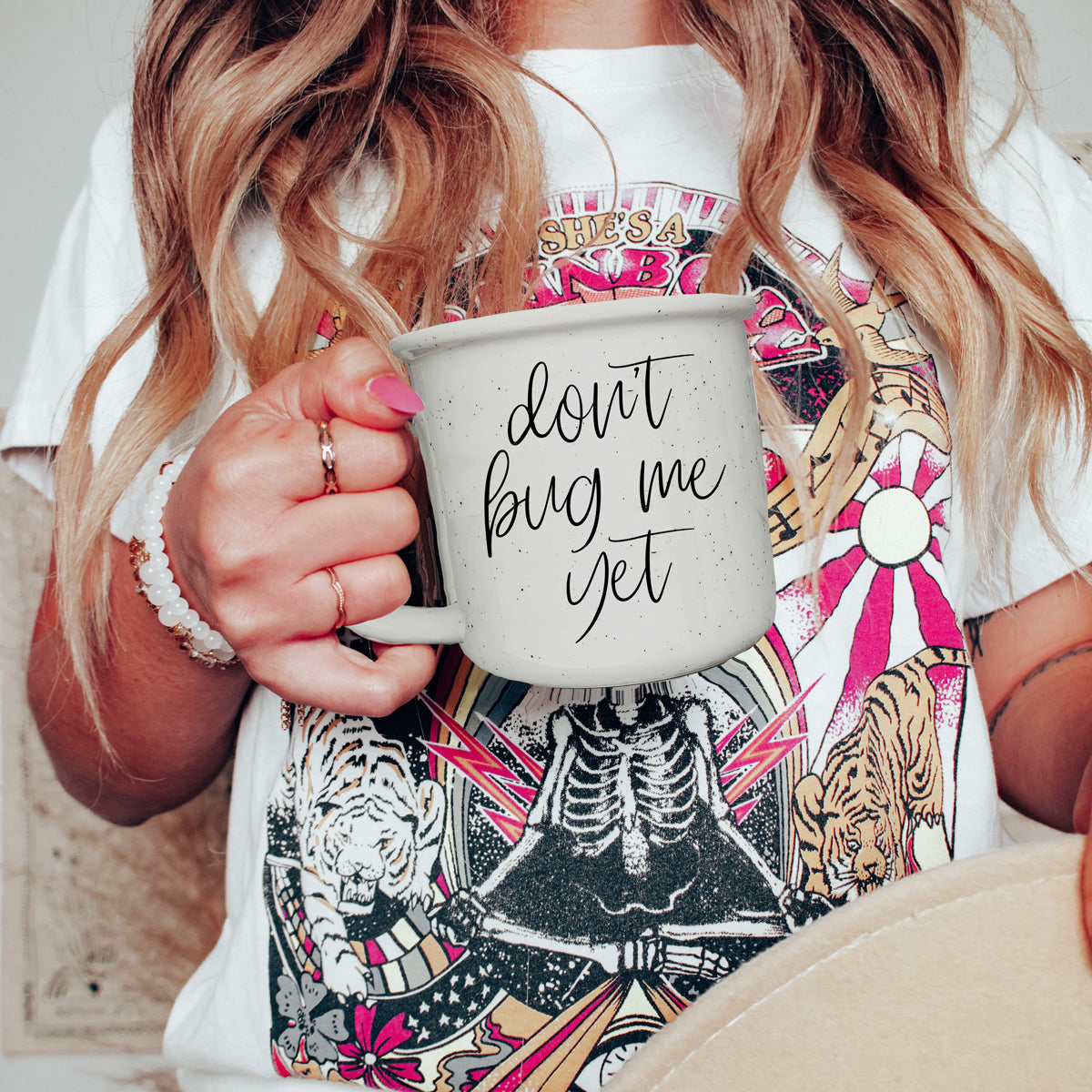 Don't Bug Me Yet 14.5oz Ceramic Coffee Mug Double Sided Morning Warning BandsCo Straps