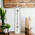 Wooden Welcome Hanging Sign Door Decor White Black Farmhouse Rustic 12 x 2.5 in BandsCo Straps
