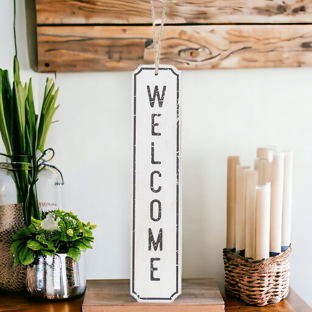 Wooden Welcome Hanging Sign Door Decor White Black Farmhouse Rustic 12 x 2.5 in BandsCo Straps