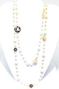 Double Strand Pearl Necklace With Gold Floral Accents