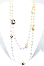 Double Strand Pearl Necklace With Gold Floral Accents