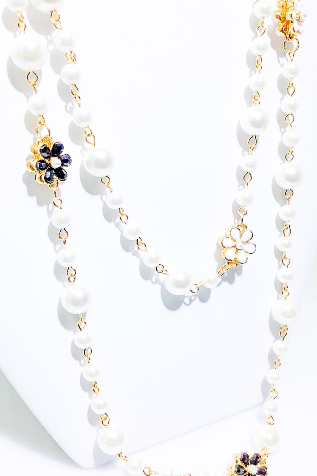 Double Strand Pearl Necklace With Gold Floral Accents