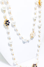 Double Strand Pearl Necklace With Gold Floral Accents