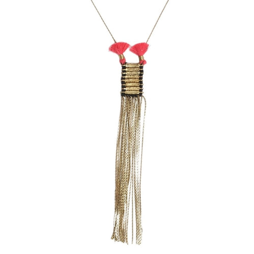 Double Tassel Statement Necklace Cotton Tassel Metal Fringe 32in Chain Handmade BandsCo Straps