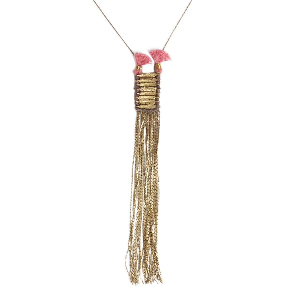 Double Tassel Statement Necklace Cotton Tassel Metal Fringe 32in Chain Handmade BandsCo Straps
