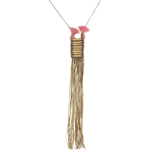 Double Tassel Statement Necklace Cotton Tassel Metal Fringe 32in Chain Handmade BandsCo Straps