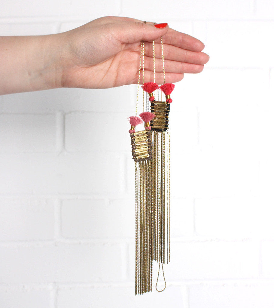 Double Tassel Statement Necklace Cotton Tassel Metal Fringe 32in Chain Handmade BandsCo Straps