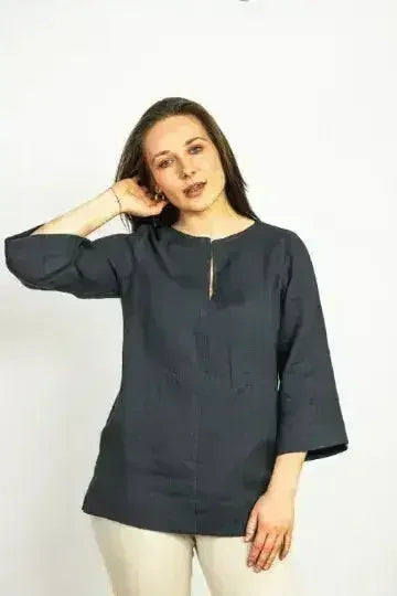 Asphalt Grey Linen Oversize Top – Modern & Comfortable Blouse - SJB-DIAMOND ELITES