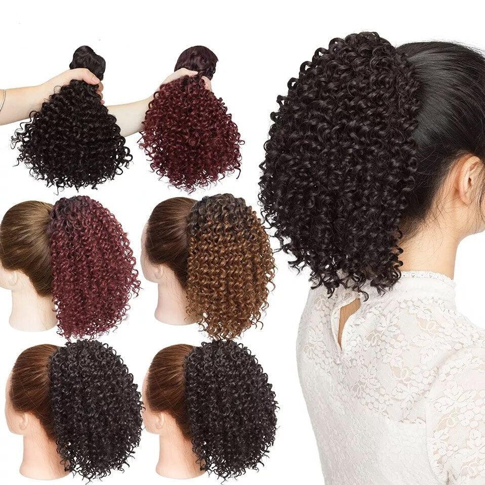 Drawstring Puff Ponytail Afro Kinky Curly Hair Extension Synthetic Clip in Pony Tail African American Hair Extension Short Kinky Curly Pineapple Pony Tail Clip in on Wrap Up-do Hair Extensions for African American Women Stevvex