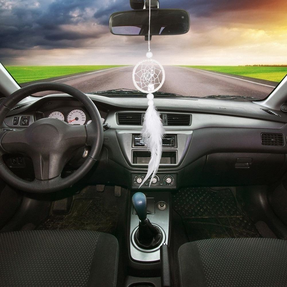 Dream Catcher Cars Rear View Mirror Mini Pure White Small Feather Wind Chimes Wall Hanging Decor Handmade Catcher Feather Wall Hanging Decorations Car Charm Ornament Pendant Stevvex