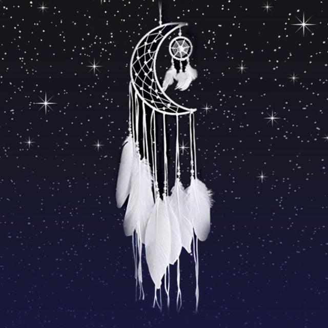 Dream Catcher Wall Decor with White Feathers Indian Style Dream-catcher Moon Handmade Wind Chimes Wall Ornament Girls Room Decoration Feather Dream Catcher For Kids Women Wedding Bohemian Wall Decor Stevvex