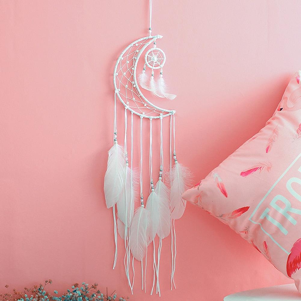 Dream Catcher Wall Decor with White Feathers Indian Style Dream-catcher Moon Handmade Wind Chimes Wall Ornament Girls Room Decoration Feather Dream Catcher For Kids Women Wedding Bohemian Wall Decor Stevvex