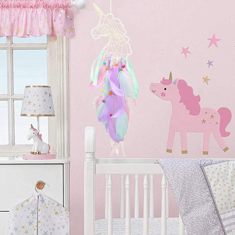 Dream Catcher with Lights Unicorn Party Supplies Hanging Ornament Unicorn Feather Handmade Catchers Craft Gift Home Decorations Girls Bedroom Wall Decor Colorful Wall Hanging Decorations For Baby Room Theme Birthday Wedding Party Stevvex