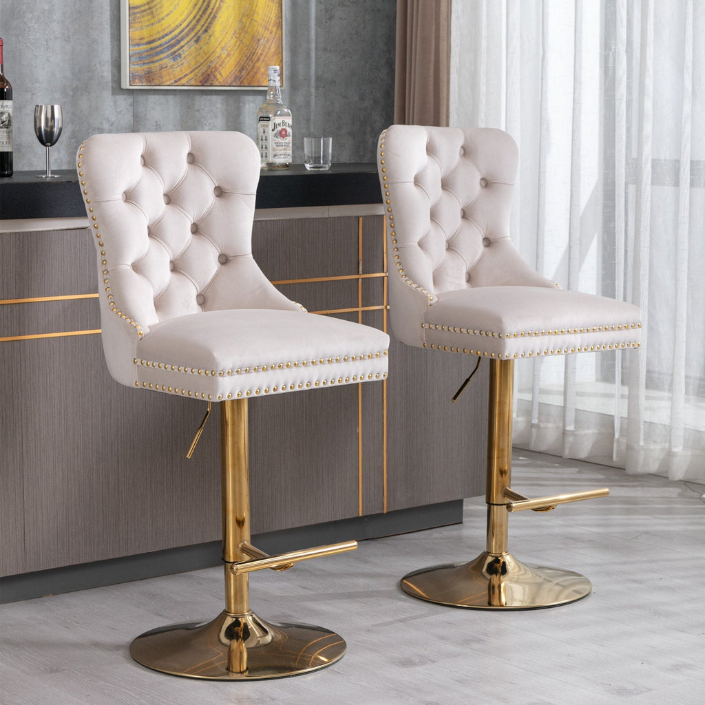 Set of 2 Thick Golden Swivel Velvet Barstools Lootquake LLC
