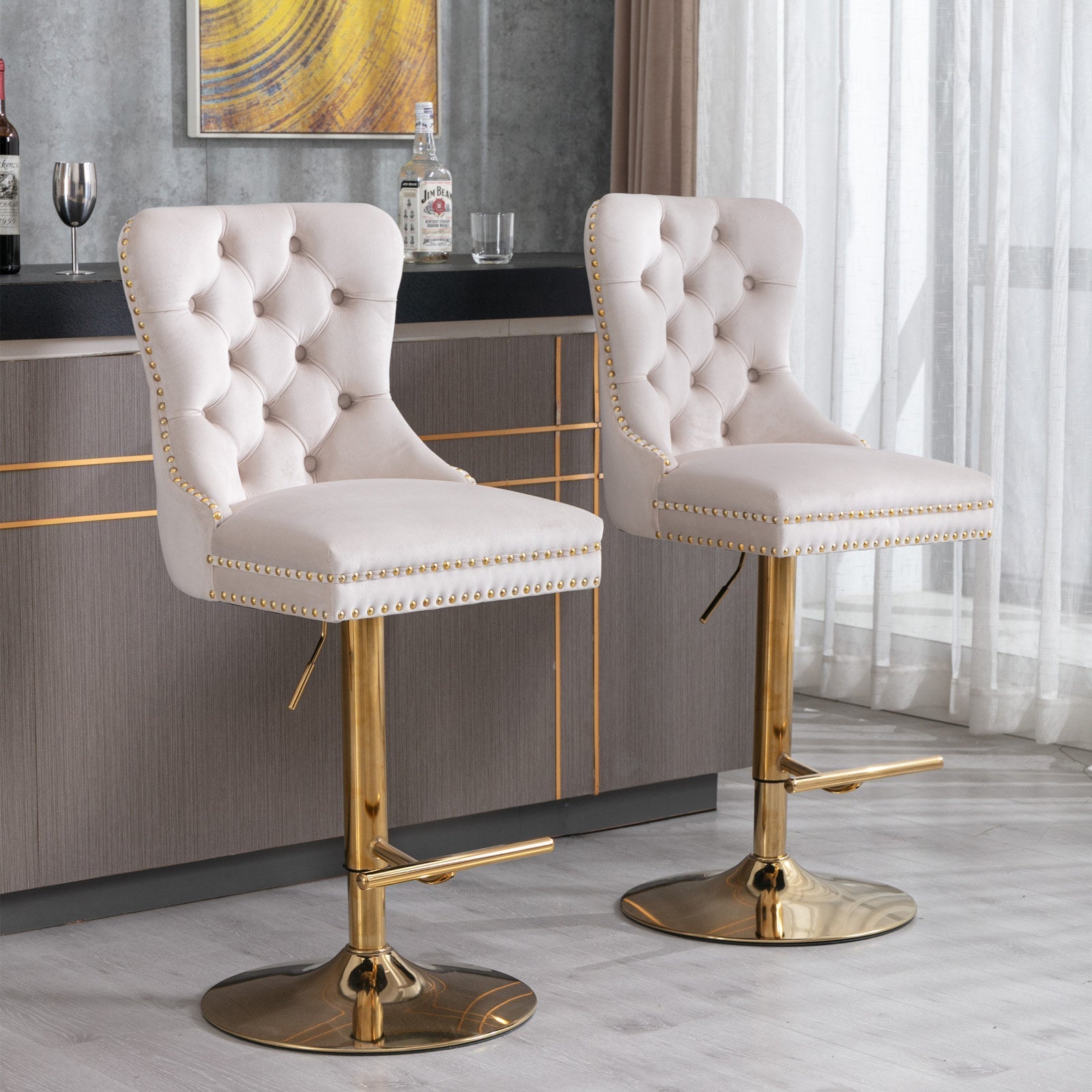Set of 2 Thick Golden Swivel Velvet Barstools Lootquake LLC