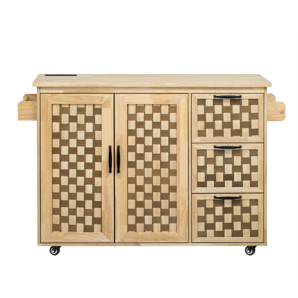 53.2"W 3D Woven Checkerboard Pattern Design Kitchen Island with Drop Leaf, Rolling Kitchen Island on Wheels with Internal Storage Rack, Power Outlet, Kitchen Cart with 3 Drawers 2 Cabinets, Nature
