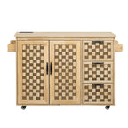 53.2"W 3D Woven Checkerboard Pattern Design Kitchen Island with Drop Leaf, Rolling Kitchen Island on Wheels with Internal Storage Rack, Power Outlet, Kitchen Cart with 3 Drawers 2 Cabinets, Nature