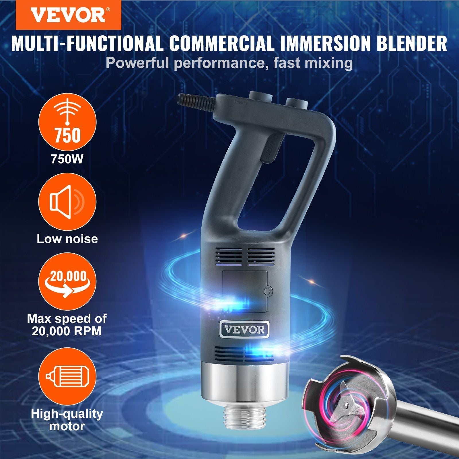 VEVOR Commercial Immersion Blender, 750W 12" Heavy Duty Hand Mixer, Variable Speed Kitchen Stick Mixer with 304 Stainless Steel Blade, Multi-Purpose Portable Mixer for Soup, Smoothie, Puree, Baby Food EasyOptionXY LLC